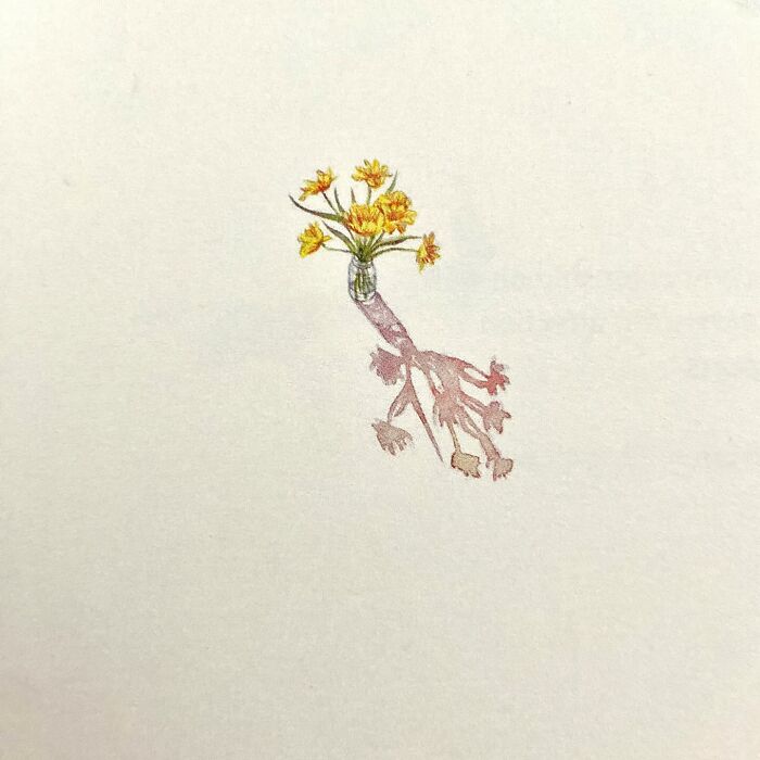 Tiny one-inch painting of yellow flowers in a vase with detailed roots, showcasing everyday objects by Brooke Rothshank.