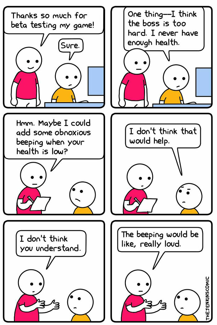 Two characters discuss adding loud beeping to a game when player health is low in a funny absurd comic by The Jenkins.