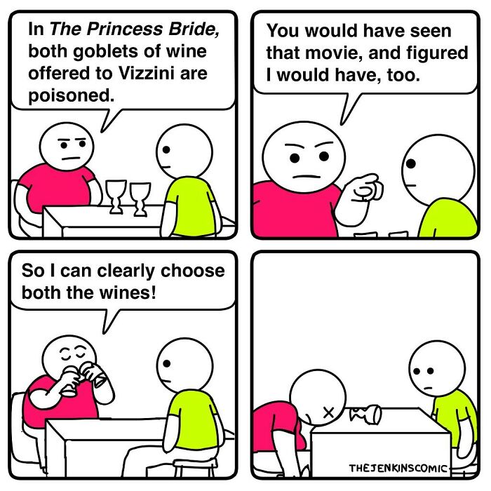Comic panels showing two characters discussing The Princess Bride wine poison scene, in a funny Jenkins comic style.