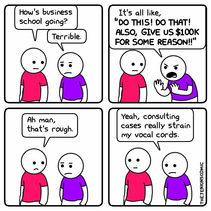Two stick figures discuss the struggles of business school in a funny and absurd comic by The Jenkins.