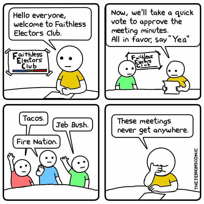 Comic strip from funny and absurd comics by The Jenkins showing a meeting of the Faithless Electors Club with humorous dialogue.