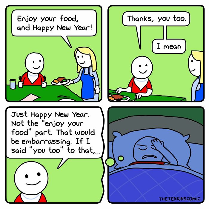 Funny and absurd comic panels showing awkward New Year’s dinner interaction and a character embarrassed in bed.
