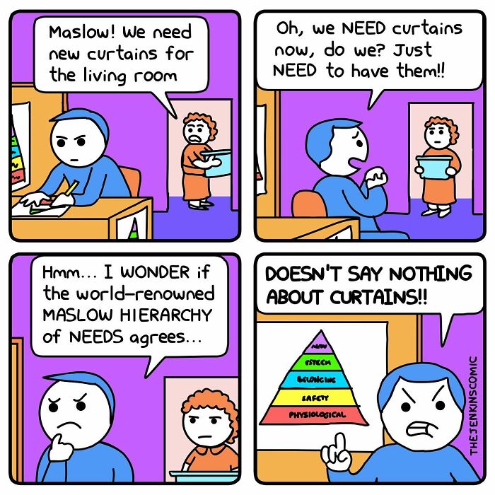 Comic by The Jenkins humorously questioning Maslow's hierarchy of needs about curtains for the living room.