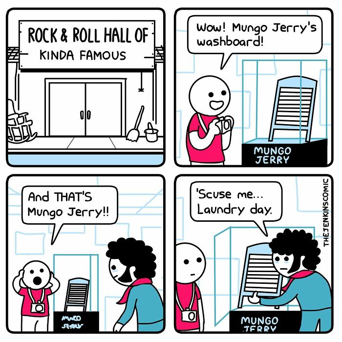 Comic strip showing a funny visit to the Rock & Roll Hall of Fame with a humorous take on Mungo Jerry's washboard.