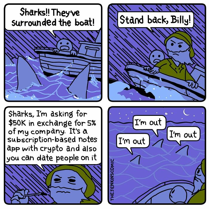 Comic panels showing a humorous shark attack scene with a business pitch, featuring funny and absurd comics by The Jenkins.