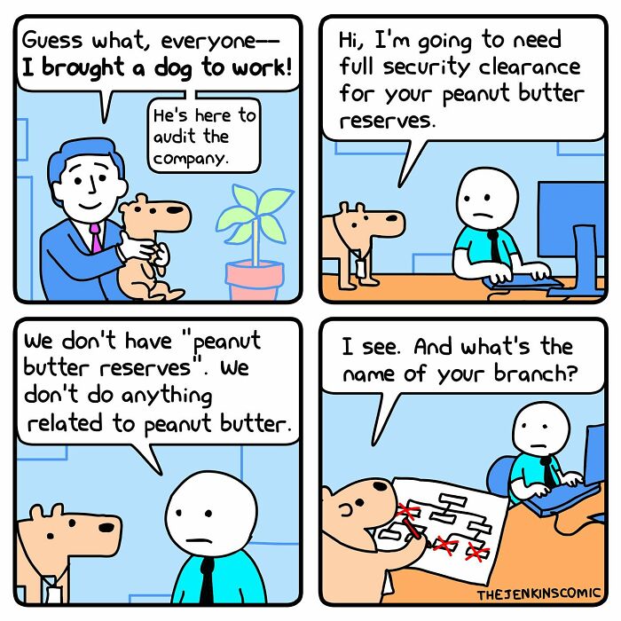 Comic panel featuring a man bringing a dog to work who humorously demands security clearance for peanut butter reserves.