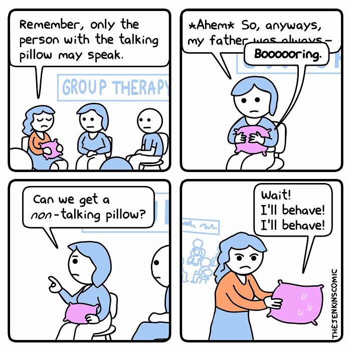 Comic strip from The Jenkins showing a group therapy session with a talking pillow and funny absurd dialogue.
