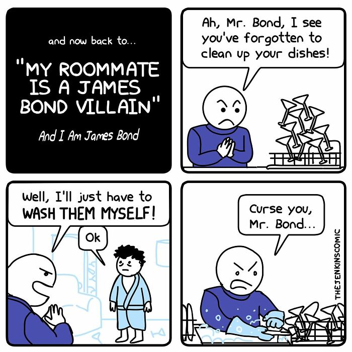 Comic strip by The Jenkins showing a funny James Bond villain washing dishes, highlighting absurd humor in comics.