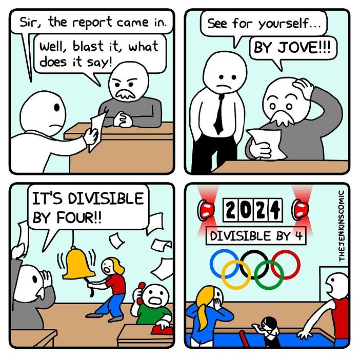 Comic strip by The Jenkins showing a humorous scene about the number 2024 being divisible by four with Olympic rings.