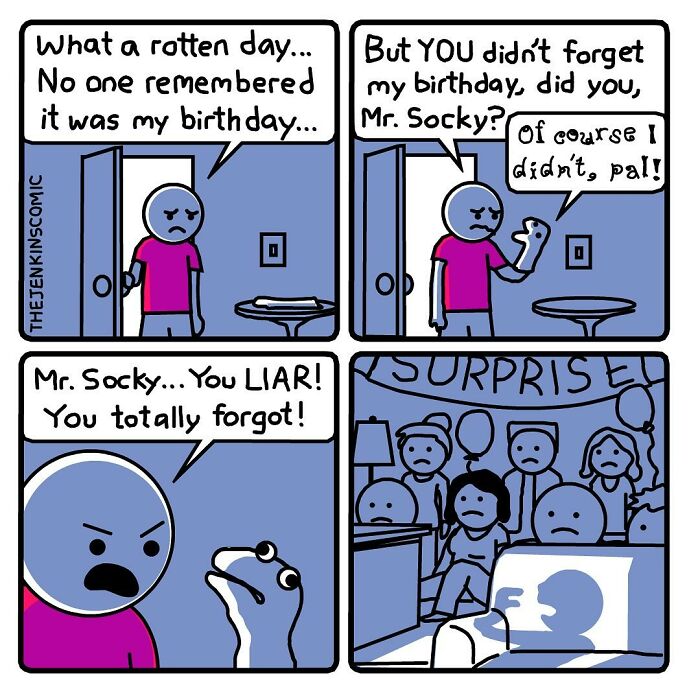 Comic strip from The Jenkins showing a character upset about a forgotten birthday in a funny and absurd style.