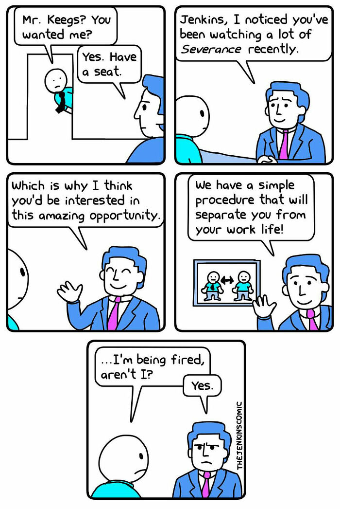 Comic by The Jenkins showing a humorous office firing scene with absurd dialogue between two characters.
