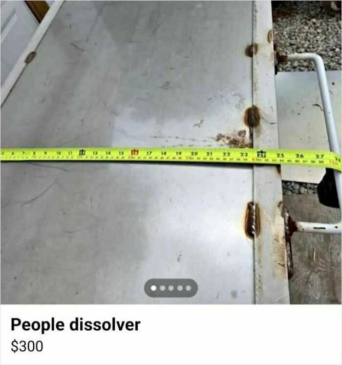 Rusty metal table with measuring tape stretched across, illustrating wild Facebook Marketplace listings and odd item descriptions.