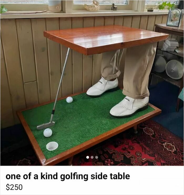 Golfing side table with putting green, golf club, and shoes, showcasing a wild Facebook Marketplace listing.