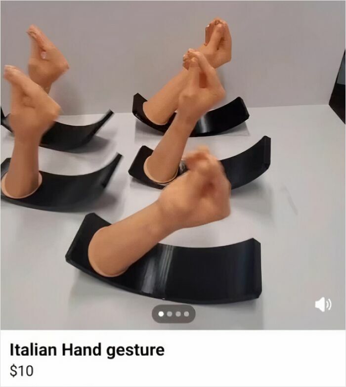 Unusual Italian hand gesture props displayed for sale on Facebook Marketplace in a humorous listing.