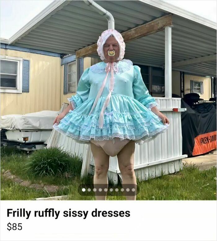 Person wearing a frilly sissy dress with pacifier in mouth, humorous listing on Facebook Marketplace.
