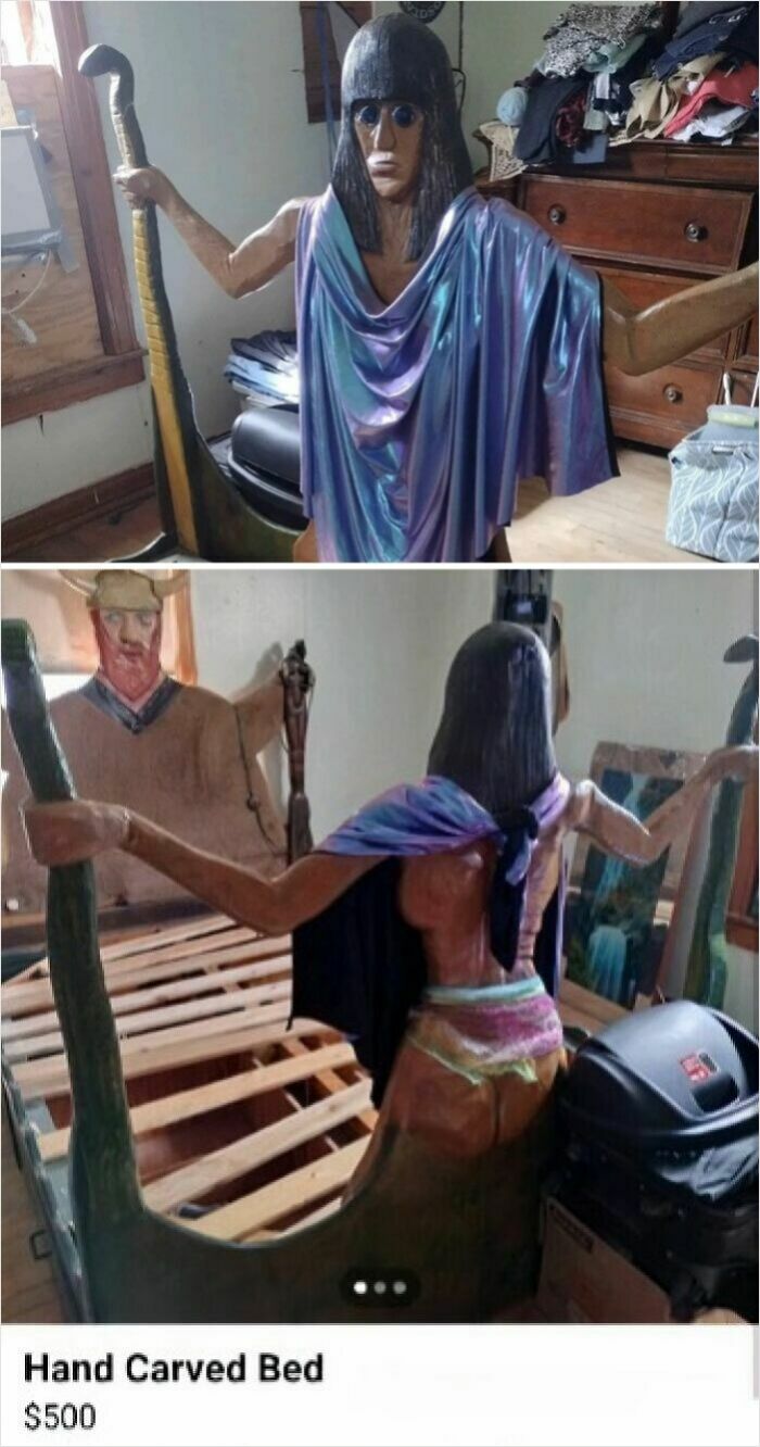Wooden hand carved bed with a figure wearing a purple drape, shown in a cluttered room on Facebook Marketplace listing.