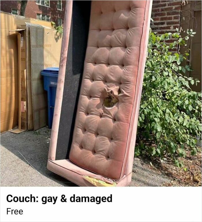 Worn and damaged pink couch listed for free, showcasing how wild Facebook Marketplace can be.