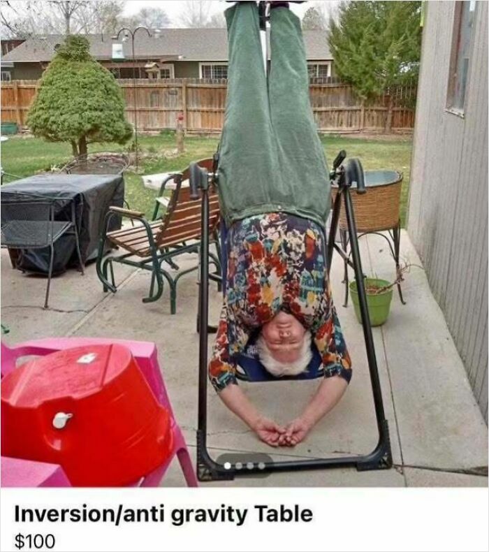 Elderly woman hanging upside down on an inversion table listed for sale on Facebook Marketplace wild listings