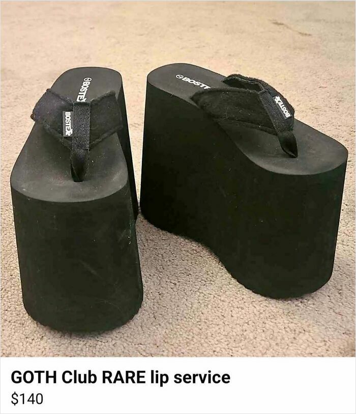 Black platform flip-flops with thick soles listed for sale, showcasing wild Facebook Marketplace finds and unusual items.