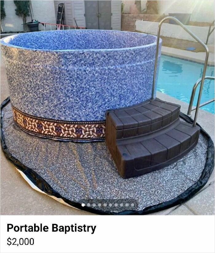 Portable baptistry with steps and railing, listed on Facebook Marketplace showing how wild the marketplace can get.