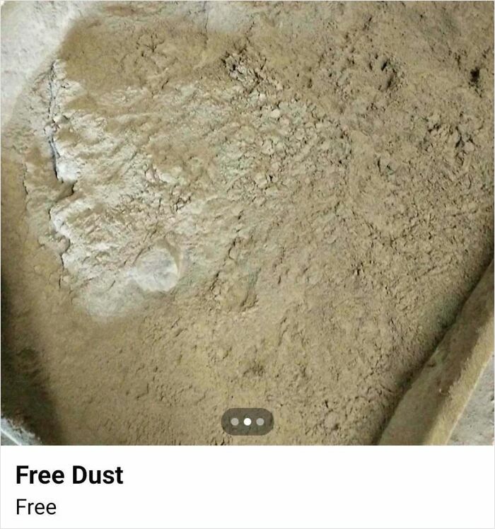 Close-up of a container filled with dusty powder offered for free on Facebook Marketplace showing wild listings.