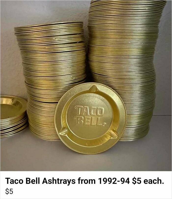 Stacks of vintage Taco Bell ashtrays for sale, illustrating wild listings found on Facebook Marketplace.