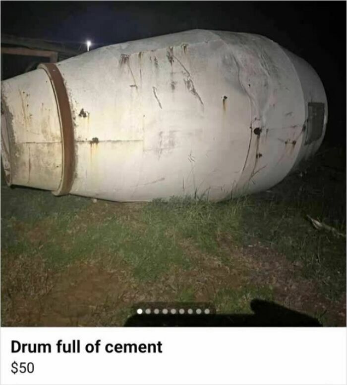 Large rusty drum full of cement listed for sale on Facebook Marketplace showing how wild Facebook Marketplace is.