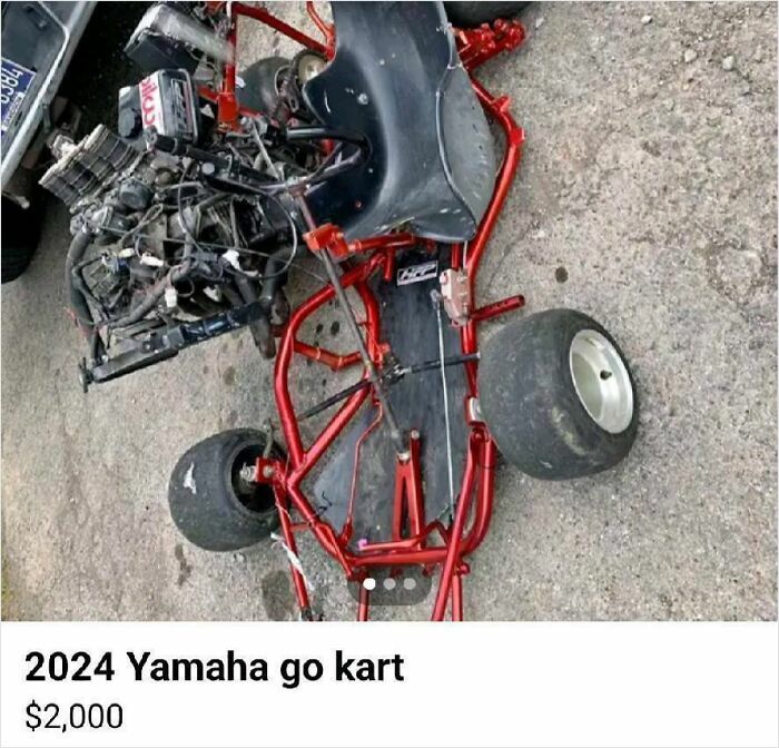 Go-kart frame with engine detached, presented for sale on Facebook Marketplace showing how wild listings can be.