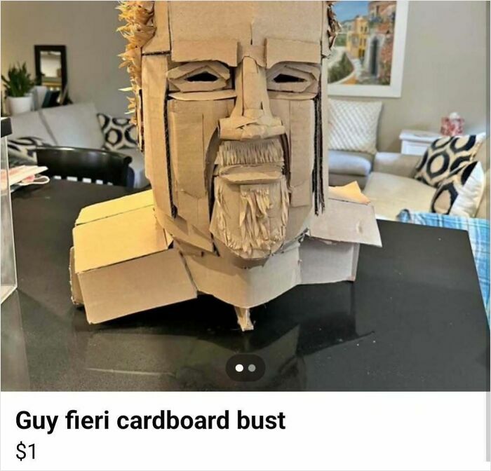 Cardboard bust resembling Guy Fieri displayed on a table, illustrating unusual Facebook Marketplace listings.