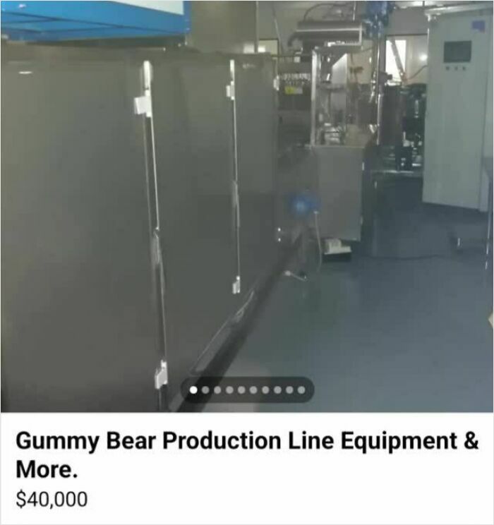 Industrial gummy bear production line equipment listed for sale on Facebook Marketplace, showcasing wild and unusual items.