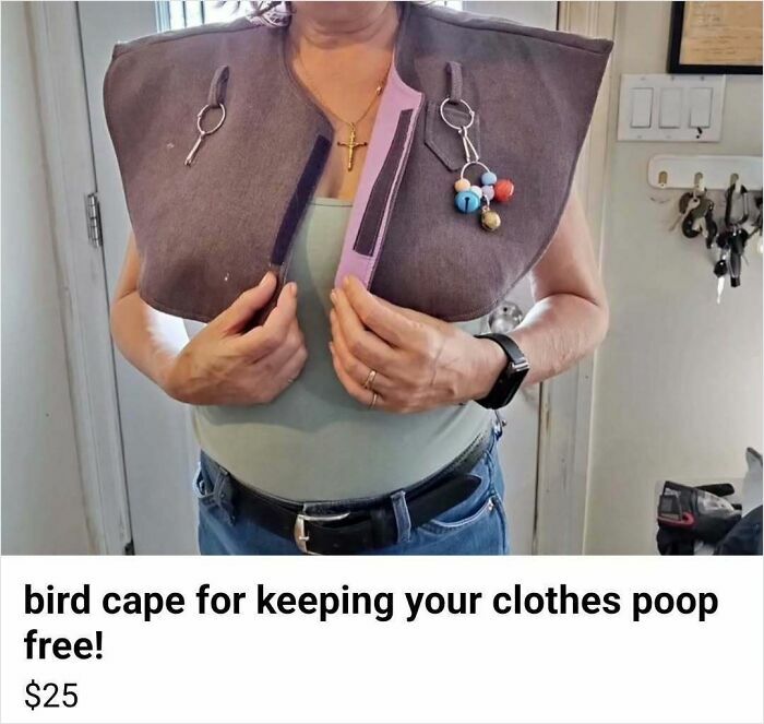 Person wearing a bird cape designed to keep clothes p**p free, displayed on Facebook Marketplace for $25.