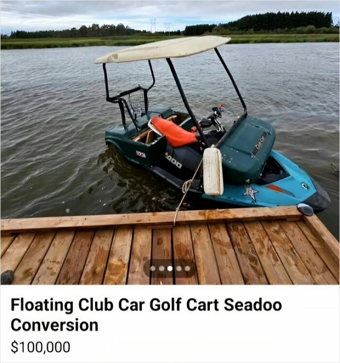 Golf cart converted into a floating Seadoo on water, showcasing a wild and unique Facebook Marketplace listing.