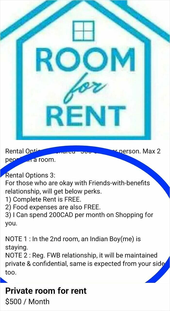 Screenshot of a wild Facebook Marketplace rental ad offering free rent with friends-with-benefits condition included.