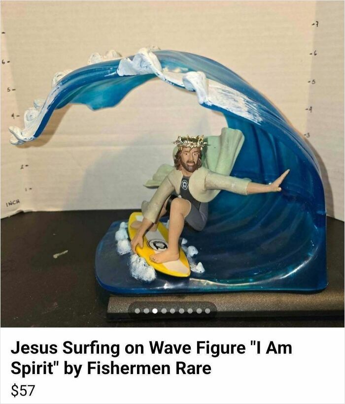 Jesus surfing wave figurine with crown of thorns, showing wild and unique Facebook Marketplace listing.