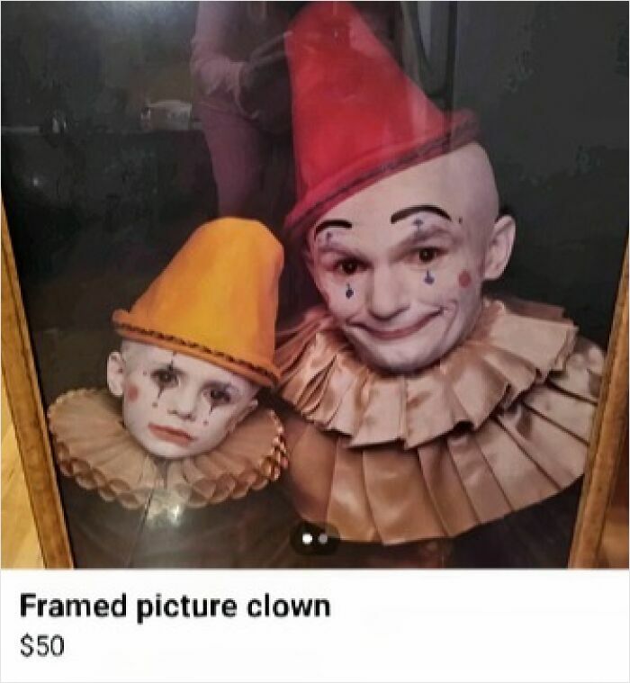 Framed creepy clown picture with red and yellow hats listed on Facebook Marketplace for sale at fifty dollars.