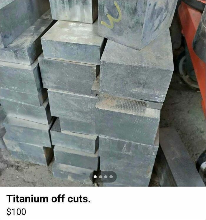 Stacked metal titanium off cuts for sale, showing unusual items found on Facebook Marketplace listings.