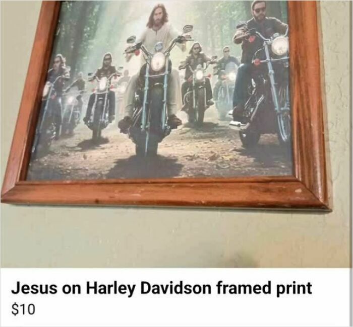 Framed print of Jesus riding a Harley Davidson motorcycle listed for sale on Facebook Marketplace wild listings.