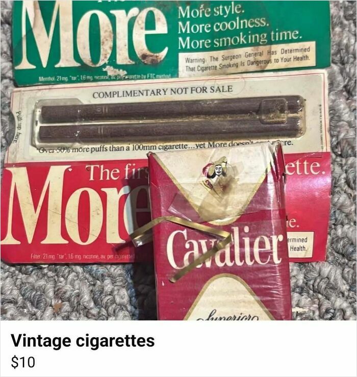 Vintage cigarette packs and accessories for sale on Facebook Marketplace showing unique and wild listings.