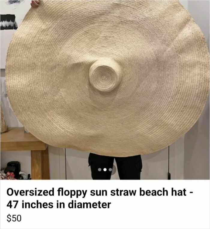 Oversized floppy straw beach hat measuring 47 inches in diameter shown in wild Facebook Marketplace listing.
