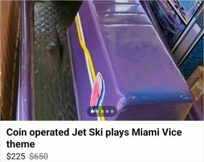 Coin operated Jet Ski arcade machine for sale on Facebook Marketplace with Miami Vice theme, showing wild listings.