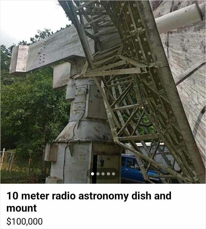 Large 10 meter radio astronomy dish and mount listed for sale on Facebook Marketplace showing unusual items available.