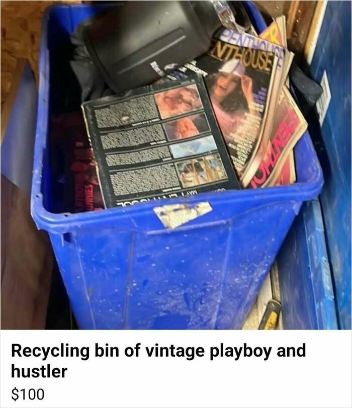 Blue recycling bin filled with vintage Playboy and Hustler magazines for sale on Facebook Marketplace.