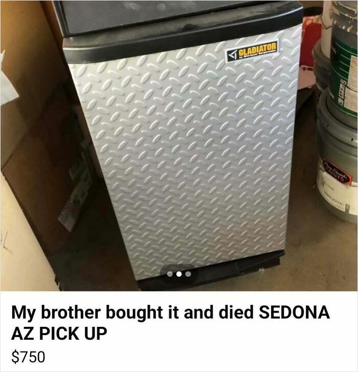 Metal Gladiator tool chest with diamond plate design listed on Facebook Marketplace in a cluttered storage setting.