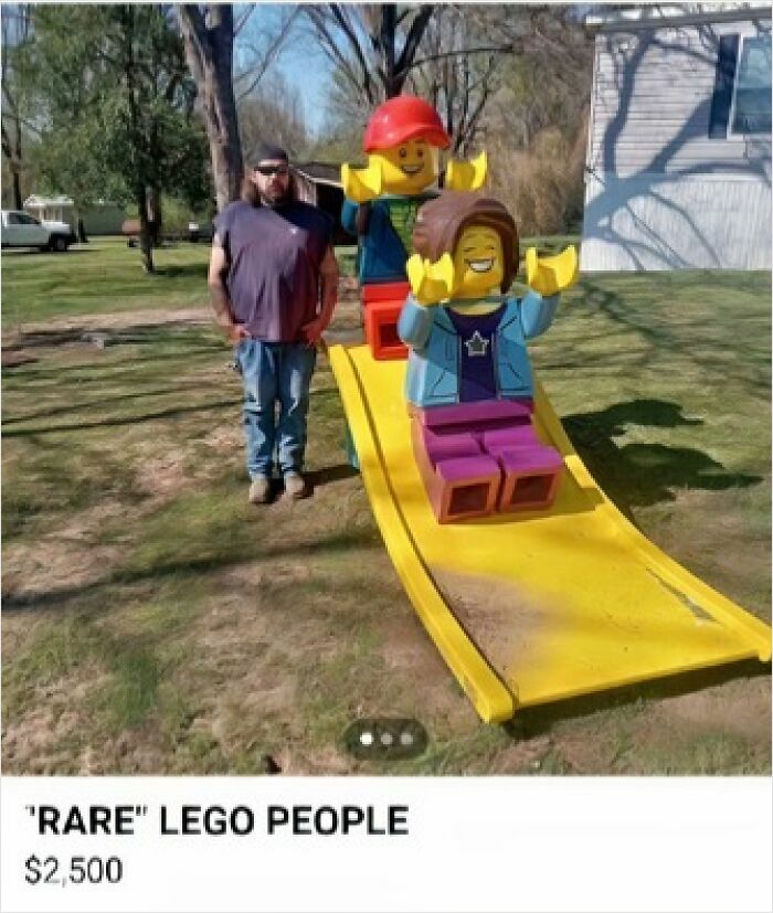 Man standing next to large LEGO people statues on a yellow slide, illustrating the wild Facebook Marketplace listings.