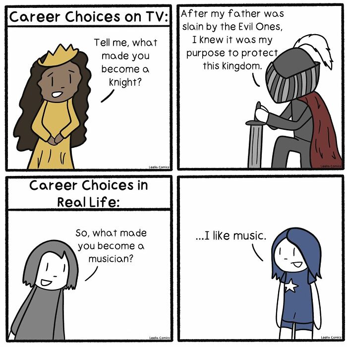 Comic illustrating the contrast between dramatic career choices on TV and simple, relatable choices in everyday life.