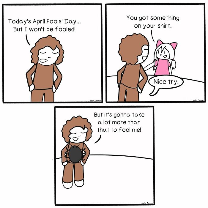 Comic panel showing a funny and relatable everyday life moment with a character reacting to an April Fools joke.