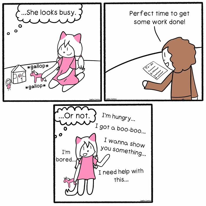 Comic strip showing the sweet chaos of everyday life with a busy child and a parent trying to work.