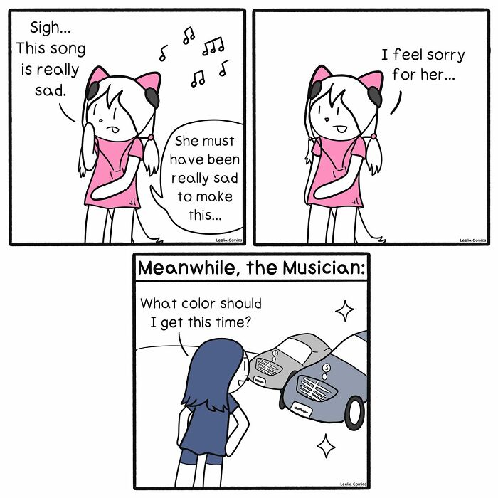 Comic illustrating everyday life humor with a girl feeling sad about a song while the musician chooses car colors.