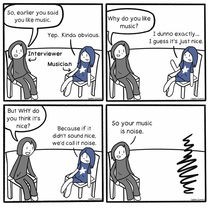 Comic strip showing a funny and relatable conversation capturing the sweet chaos of everyday life about music preferences.