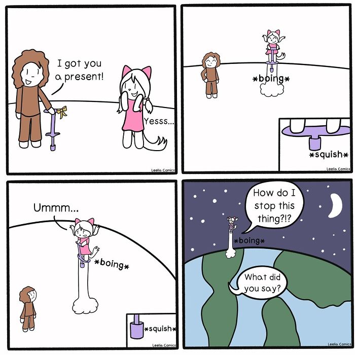 Funny and relatable comic panels showing the sweet chaos of everyday life with playful characters bouncing through scenes.